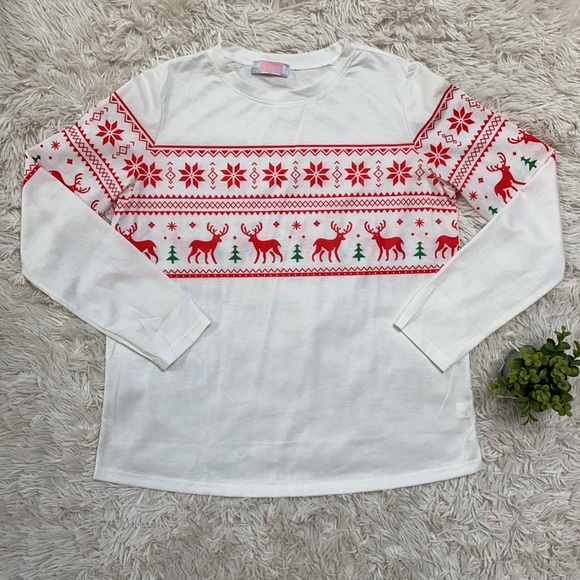 🎉2X HP🎉 C+D+M Fair Isle Reindeer LS Tee 💗 White Red Green - Picture 6 of 12